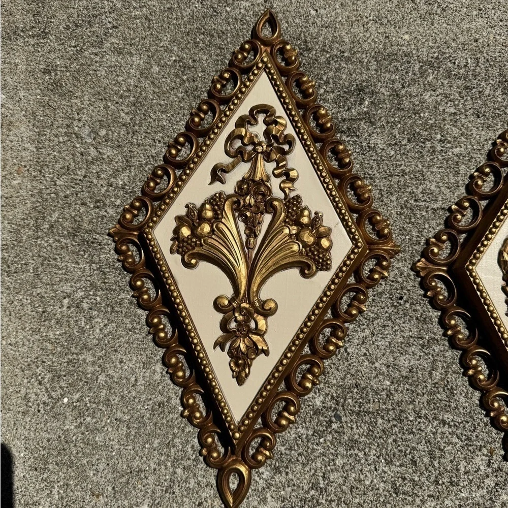 Vtg HOMCO Roman Gold Diamond Shaped Wall Plaques Ornate MCM Set Of 4
